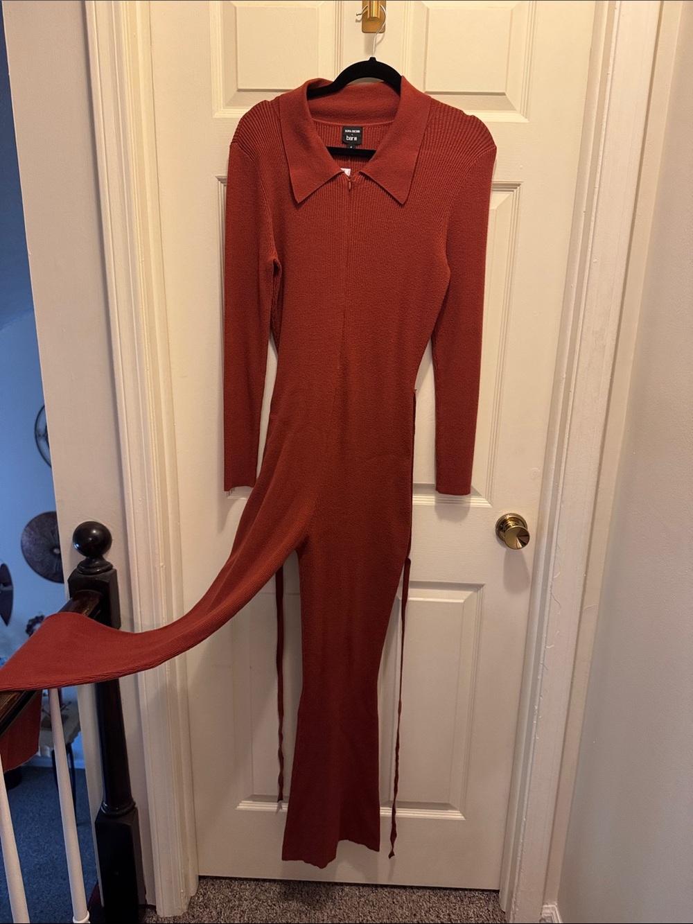 Zara Rust-Copper Collared Ribbed Jumpsuit - Picture 2 of 4
